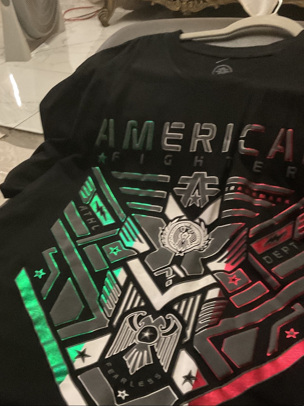 Affliction Black Tee with Metallic Green & Red Graphic